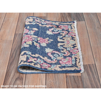 1'6"X2'1" Blue Worn Wool Hand Knotted Vintage Farsian Karman Mat Rug
