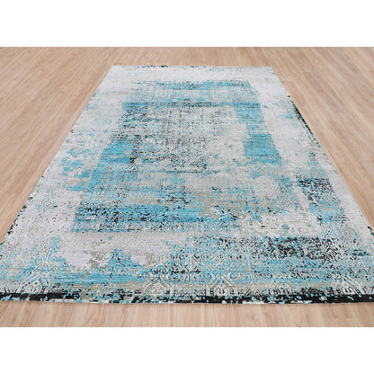 8'9"X11'10" Teal Blue Jewellery Design Silk With Textured Wool Rug
