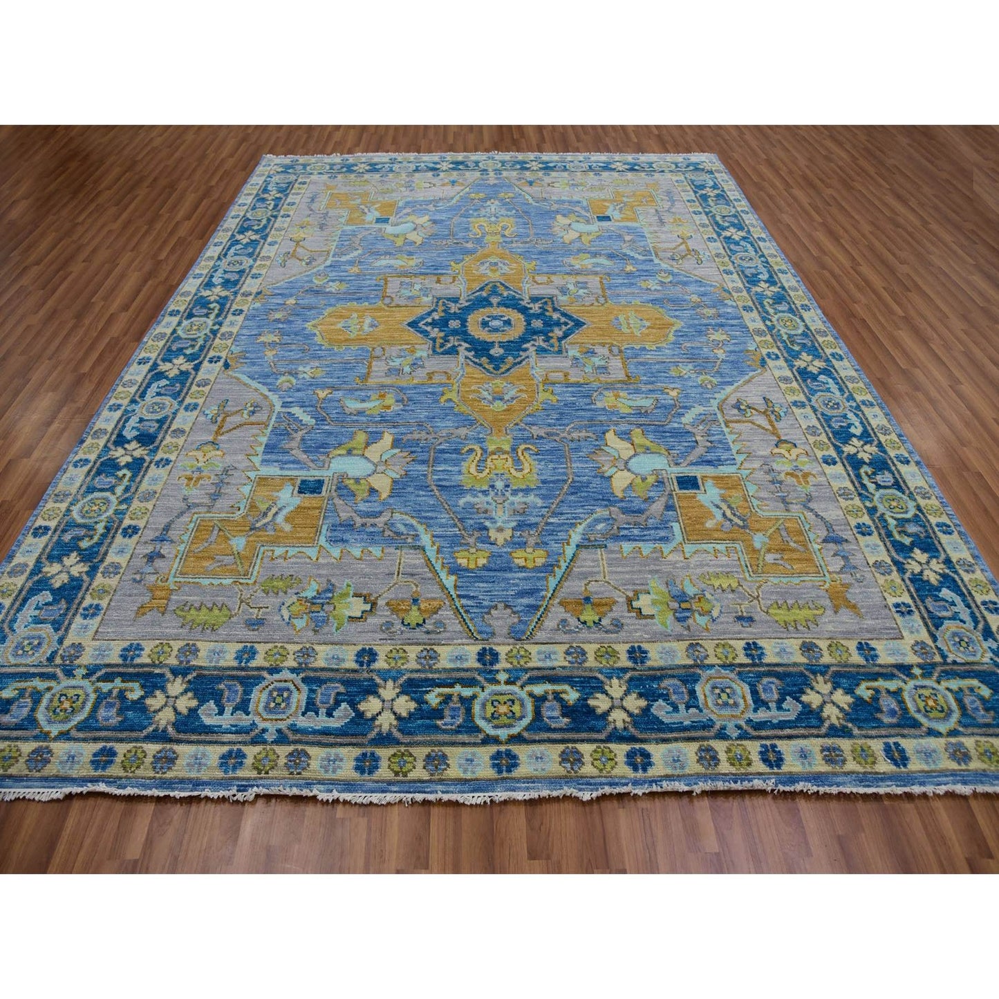 9'2"X12'2" Blue Heris Design Hand Knotted 100% Wool Vegetable Dyes Rug