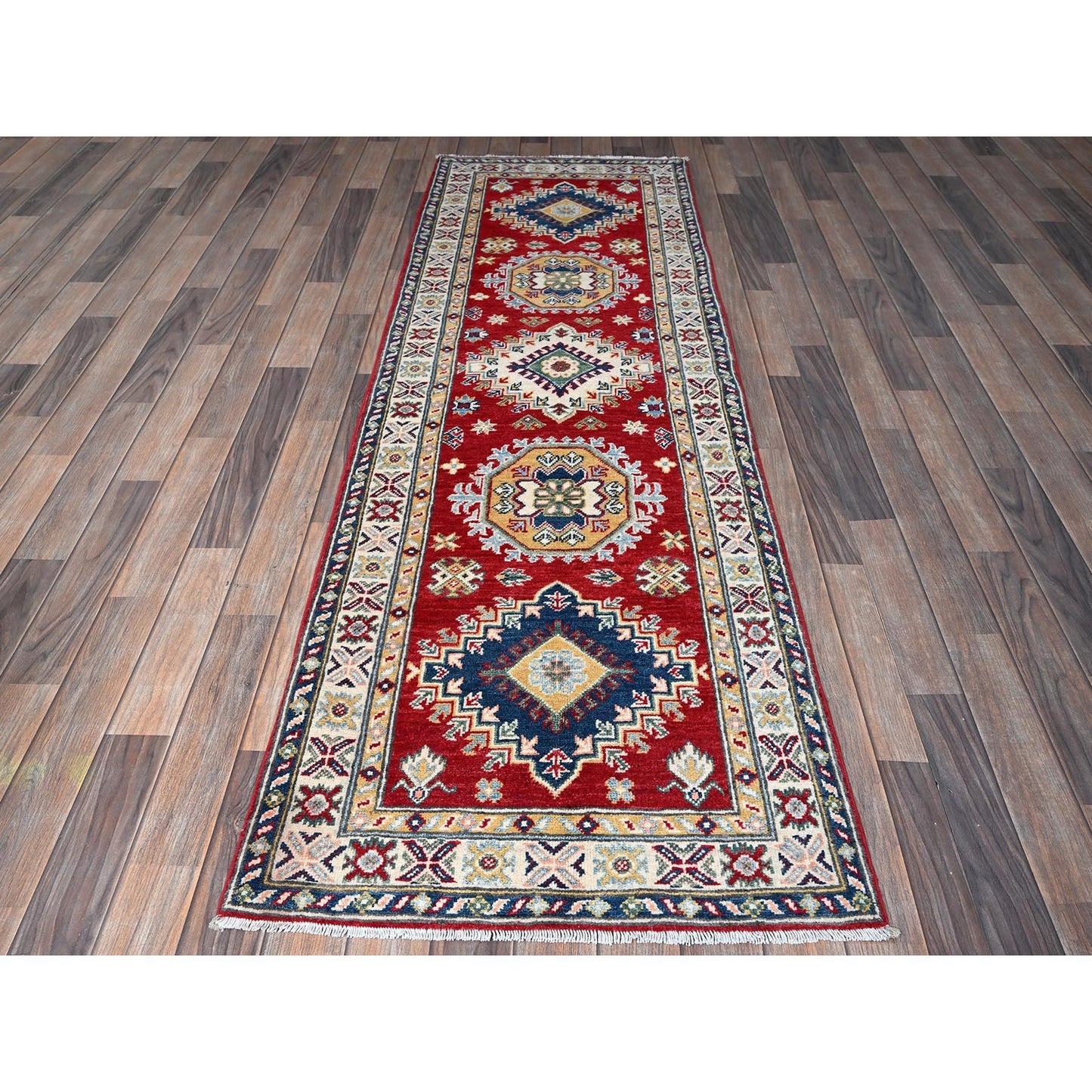 2'7"X8'1" Red Kazak With Tribal Design Hand Knotted Soft Wool Runner Rug