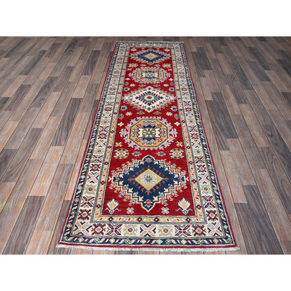 2'7"X8'1" Red Kazak With Tribal Design Hand Knotted Soft Wool Runner Rug