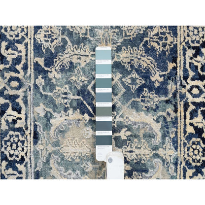 2'X3' Blue-Teal Erased Wool And Silk Hand Knotted Broken Farsian Mat Rug
