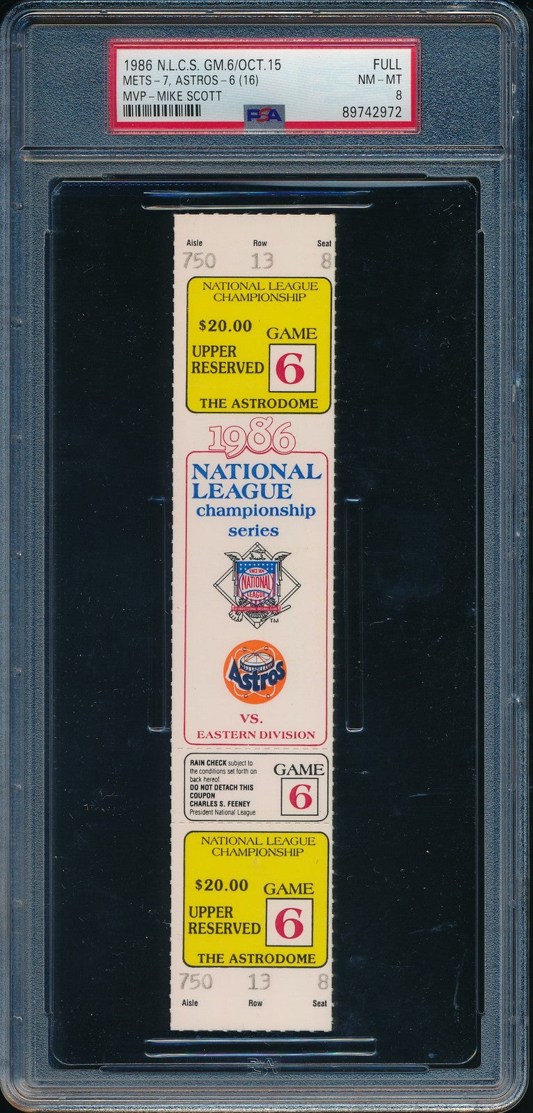 1986 Nlcs Game 6 Full Ticket Mets Vs. Astros 16 Innings Psa/Dna Nm-Mt 8 190598