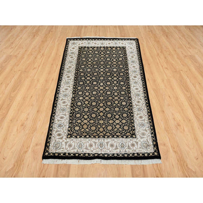 3'1"X5'5" Black 250 Kpsi Organic Wool Hand Knotted Herrita Design Rug