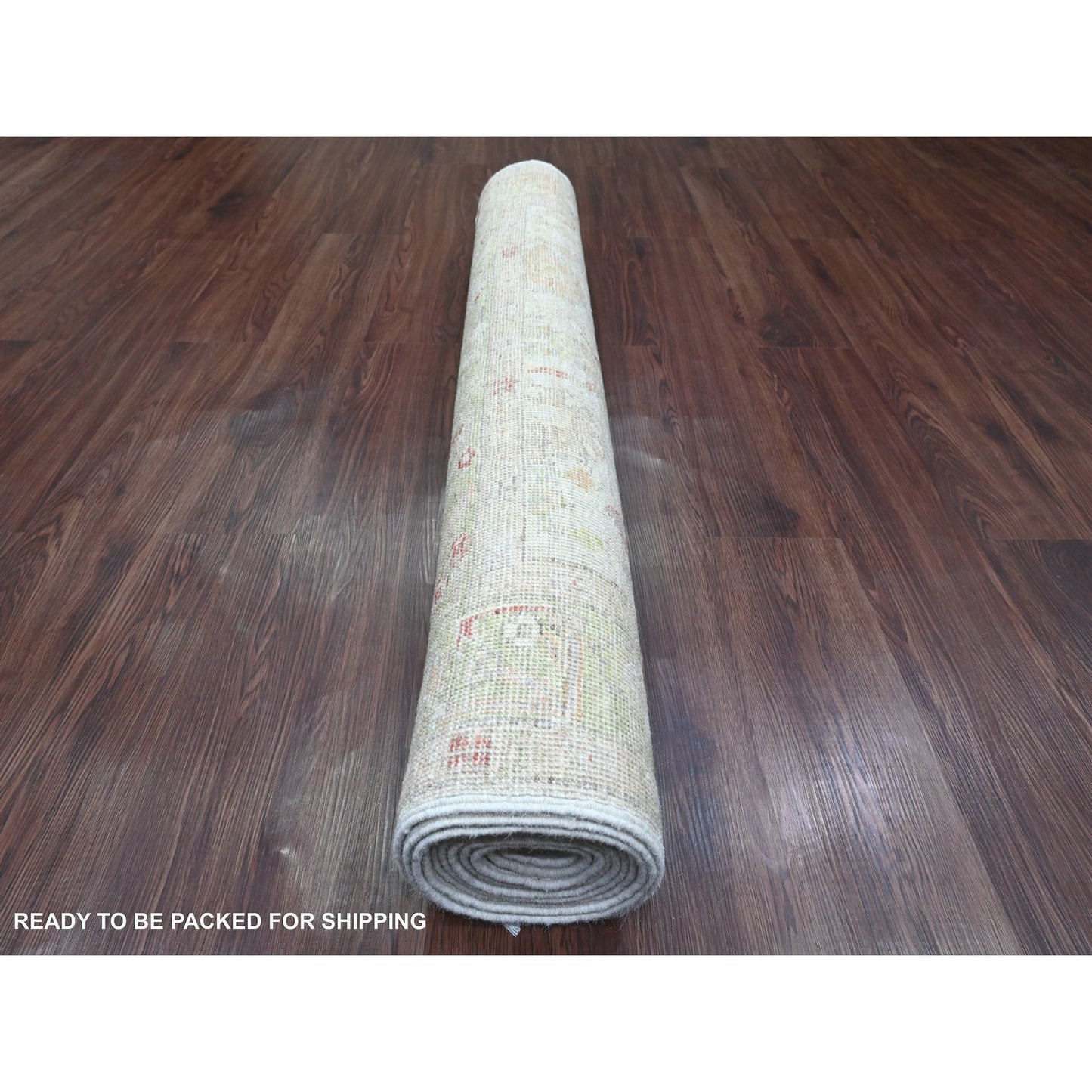 4'X11'9" White Hand Knotted Angora Oushak Leaf Design All Wool Runner Rug