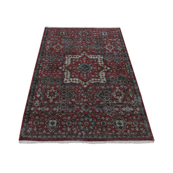 4'X6' Red Vintage Look Mamluk Worn Wool Hand Knotted Rug