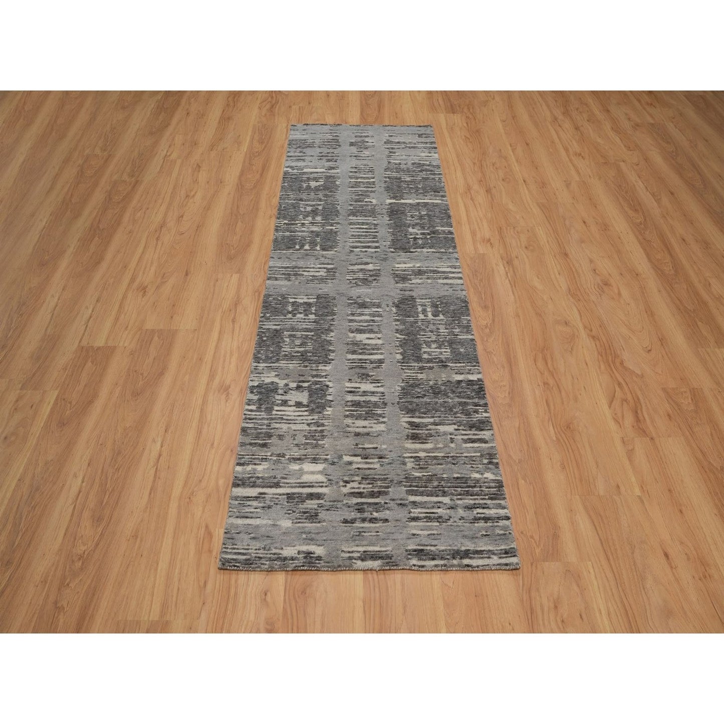2'6"X8' Gray Hand Knotted Runner Rug Modern Criss Cross Erased Design Wool