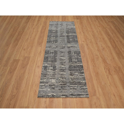 2'6"X8' Gray Hand Knotted Runner Rug Modern Criss Cross Erased Design Wool