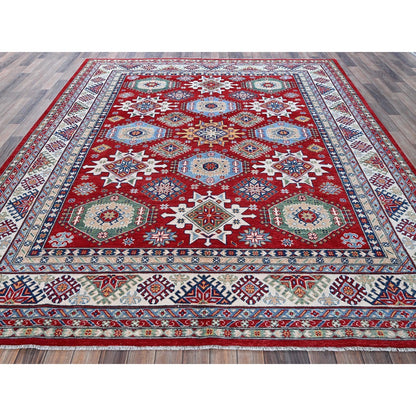 8'2"X9'8" Red Kazak With Geometric Medallions Design Wool Hand Knotted Rug