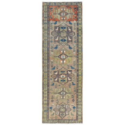 3'4"X10'3" Brown Northwest Farsian Runner Abrash Hand Knotted Wool Rug