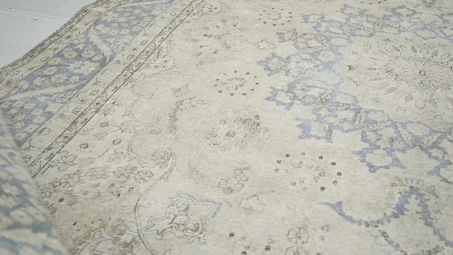 Muted Cream Distressed Handmade Oriental Rug 10x13 ft Vintage Farmhouse Carpet