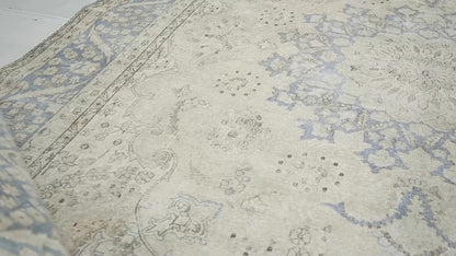 Muted Cream Distressed Handmade Oriental Rug 10x13 ft Vintage Farmhouse Carpet