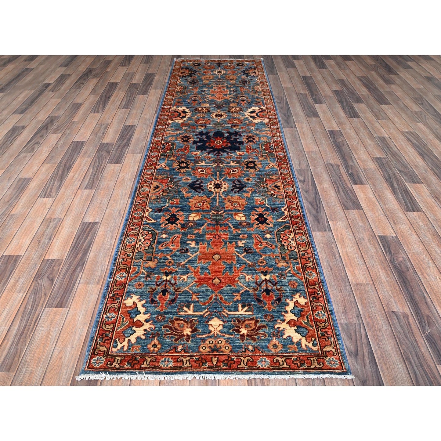 3'X10' Bayern Blue Heris All Over Design Soft Wool Hand Knotted Runner Rug