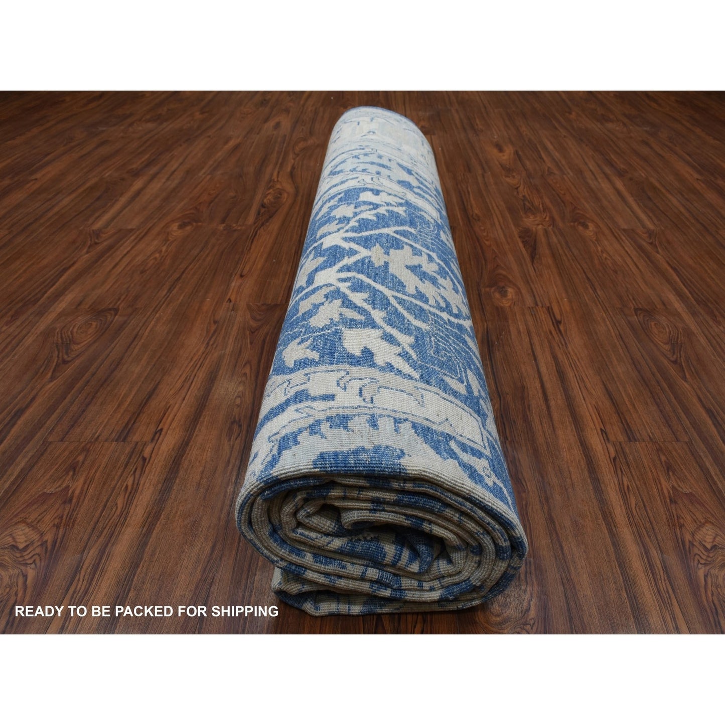 9'8"X13'5" Blue Soft Wool Hand Knotted White Wash Peshawar Rug