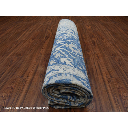 9'8"X13'5" Blue Soft Wool Hand Knotted White Wash Peshawar Rug