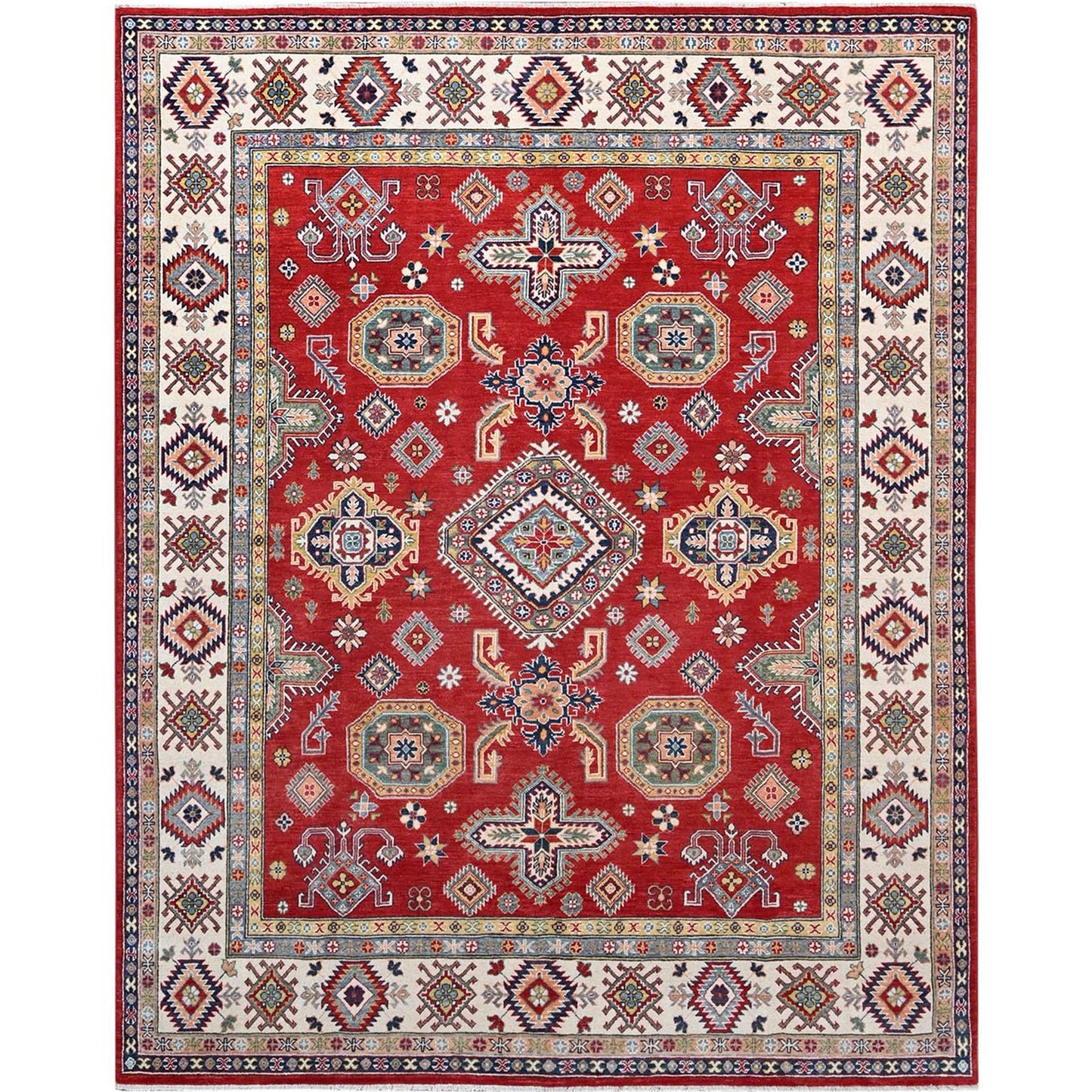8'1"X10' Geranium Red Hand Knotted Shiny Wool Kazak Design Oriental Rug