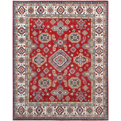 8'1"X10' Geranium Red Hand Knotted Shiny Wool Kazak Design Oriental Rug