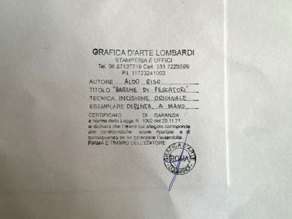 Aldo Riso ''Fishermen'S Boats'' - Hand-Painted Engraving Authenticated 60X80