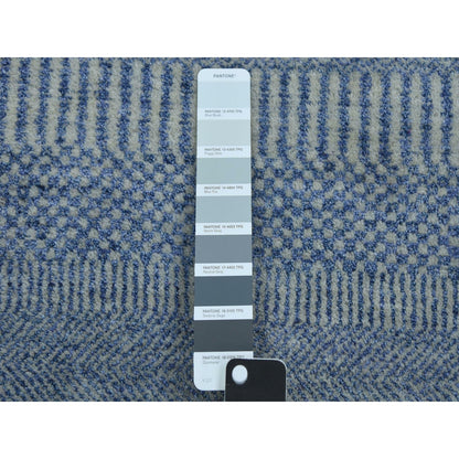 2'6"X9'10" Blue Hand Knotted Modern Grass Design Wool And Silk Runner Rug