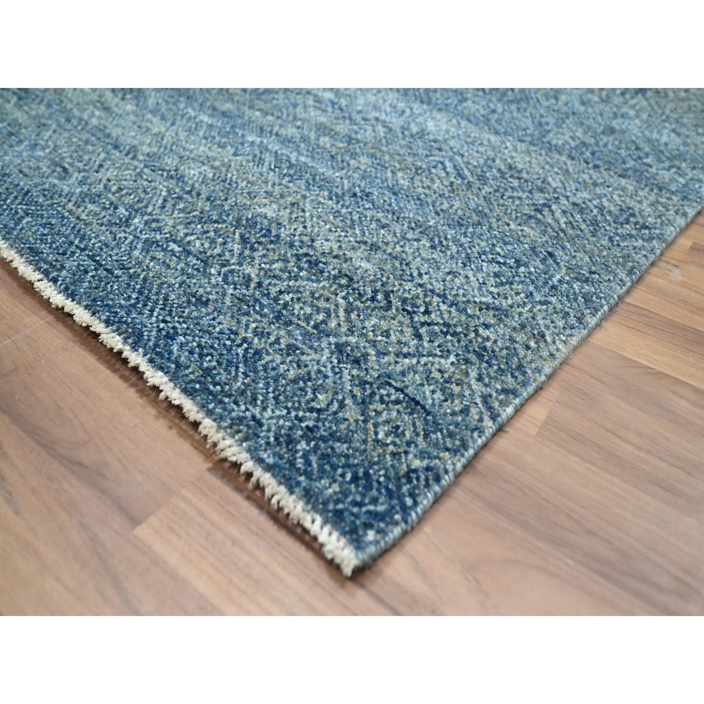9'X12'1" Yale Blue Geometric Diamond Design Pure Wool Hand Knotted Rug