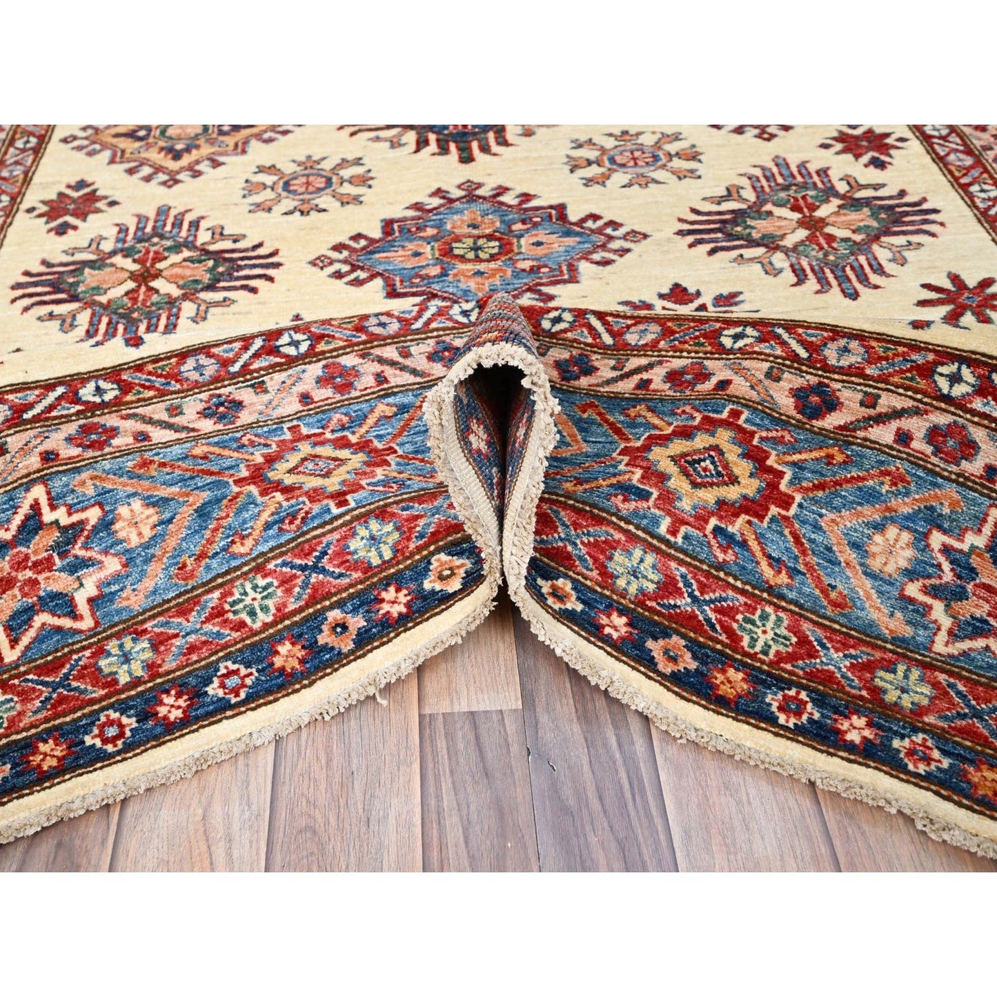 6'X9'3" Heron White Wool Hand Knotted Super Kazak Geometric Oriental Rug