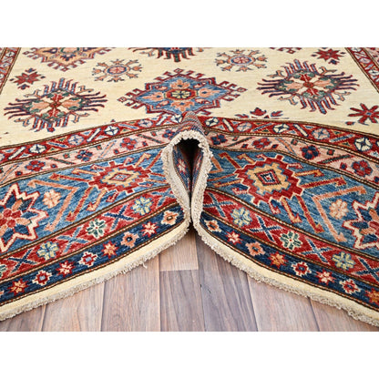 6'X9'3" Heron White Wool Hand Knotted Super Kazak Geometric Oriental Rug