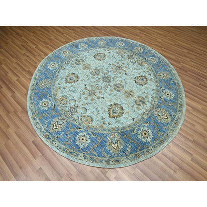7'2"X7'2" Blue All Over Flower Design Pure Wool Hand Knotted Round Rug