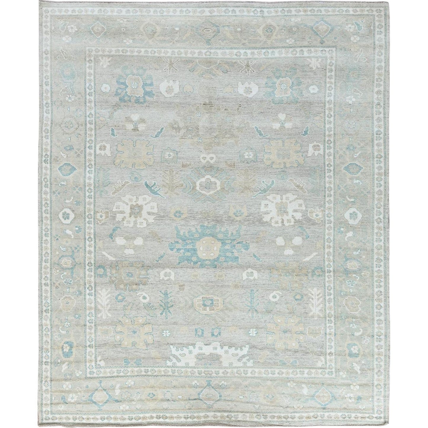 9'2"X11'10" Oyster Gray Afghan Oushak Leaf Design All Wool Hand Knotted Rug