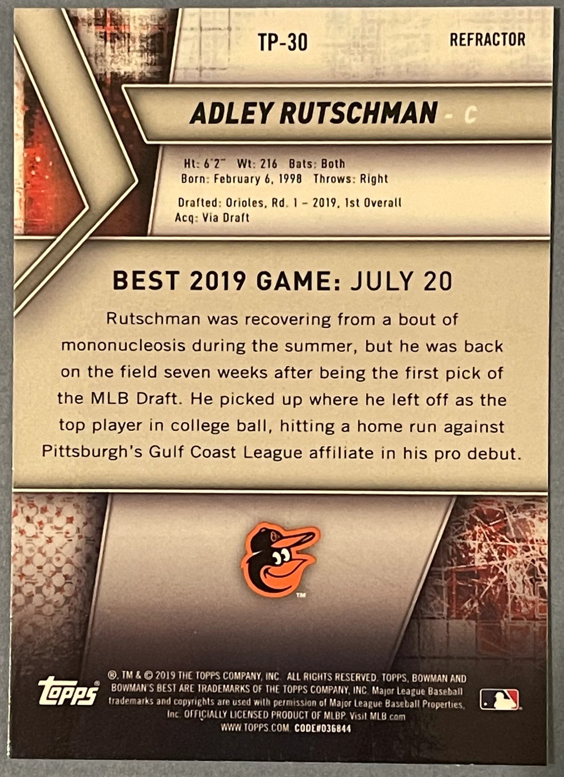 Adley Rutschman 2019 1St Bowman Best Rookie Refractor Card #Tp-30