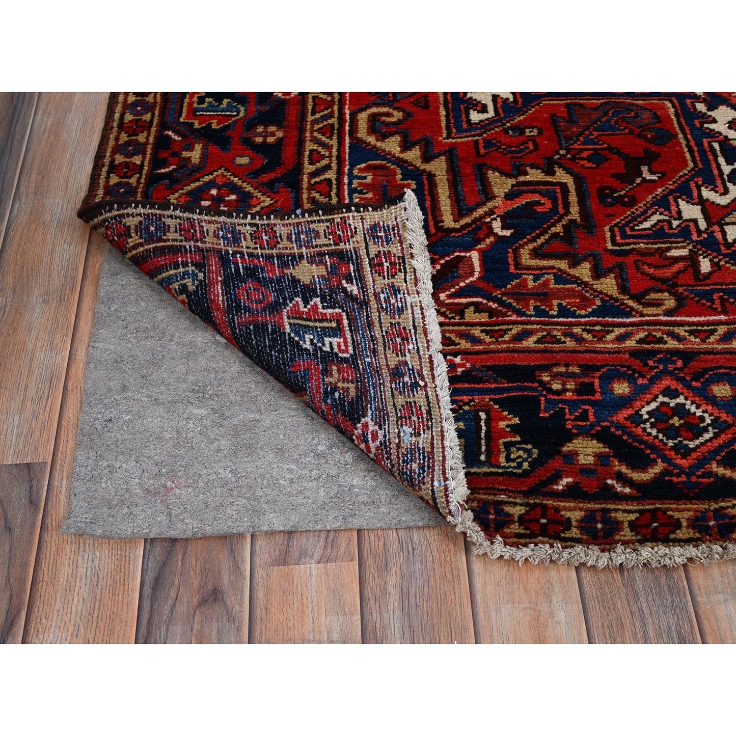 7'4"X10'2" Red Hand Knotted Vintage Oriental Heris Village Motifs Rug