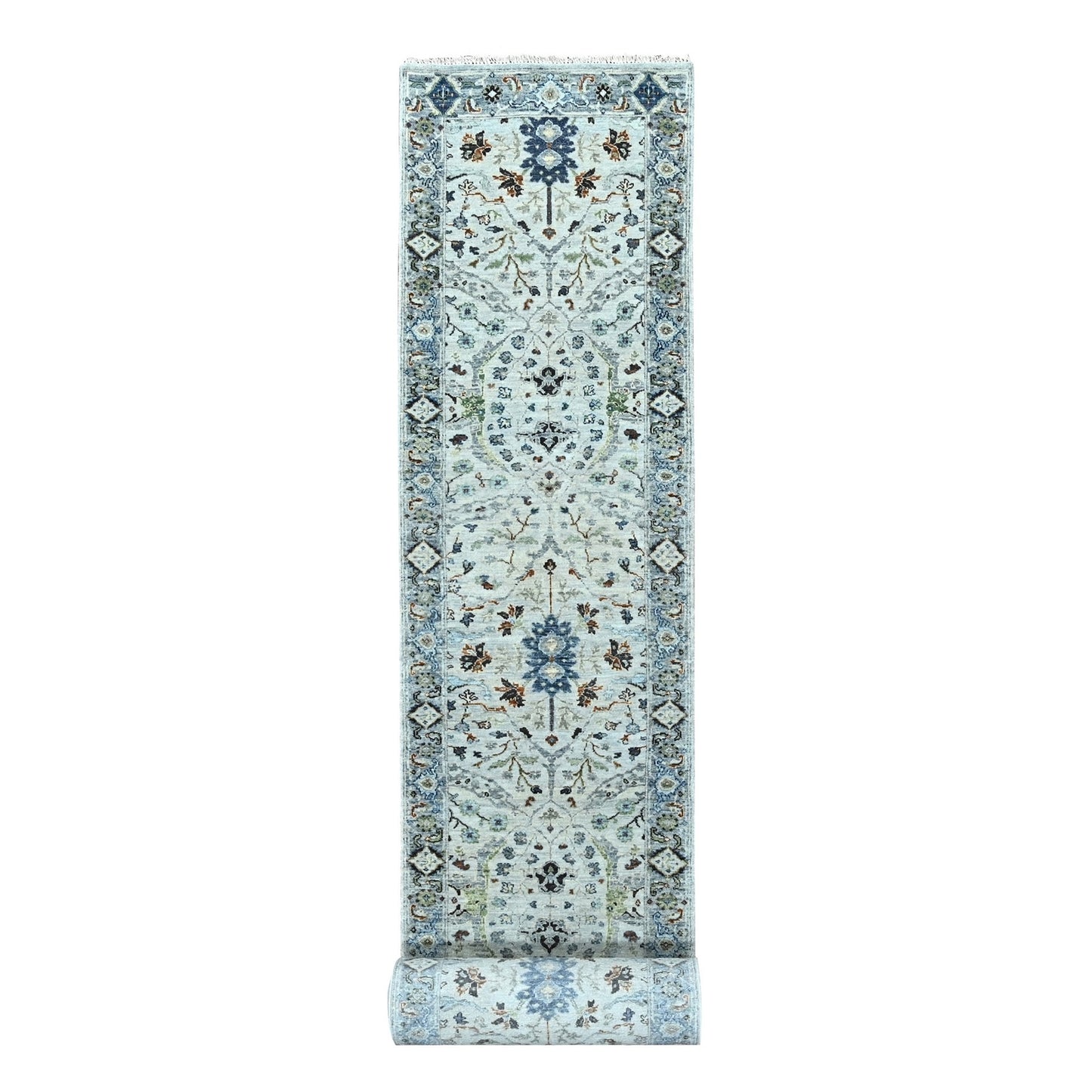 2'6"X23'10" Gray Oushak Floral Motifs Wool Xl Runner Hand Knotted Rug