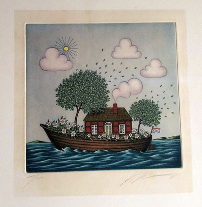 Volker Khn Etching Floating House On Boat Signed 204/300 Framed German Art