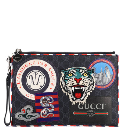 Gucci Night Courrier Pouch Gg Coated Canvas With Applique