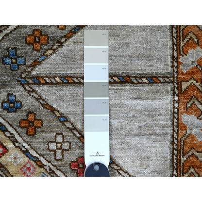 4'X11'6" Gray Aryana Afghan Vegetable Dyes Hand Knotted Wide Runner Rug