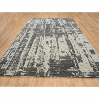 9'X12' Black Wool And Plant Based Silk Hand Loomed Modern Design Rug
