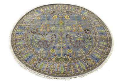 Hand-Knotted Round Oriental Rug Floral Osh Chobi