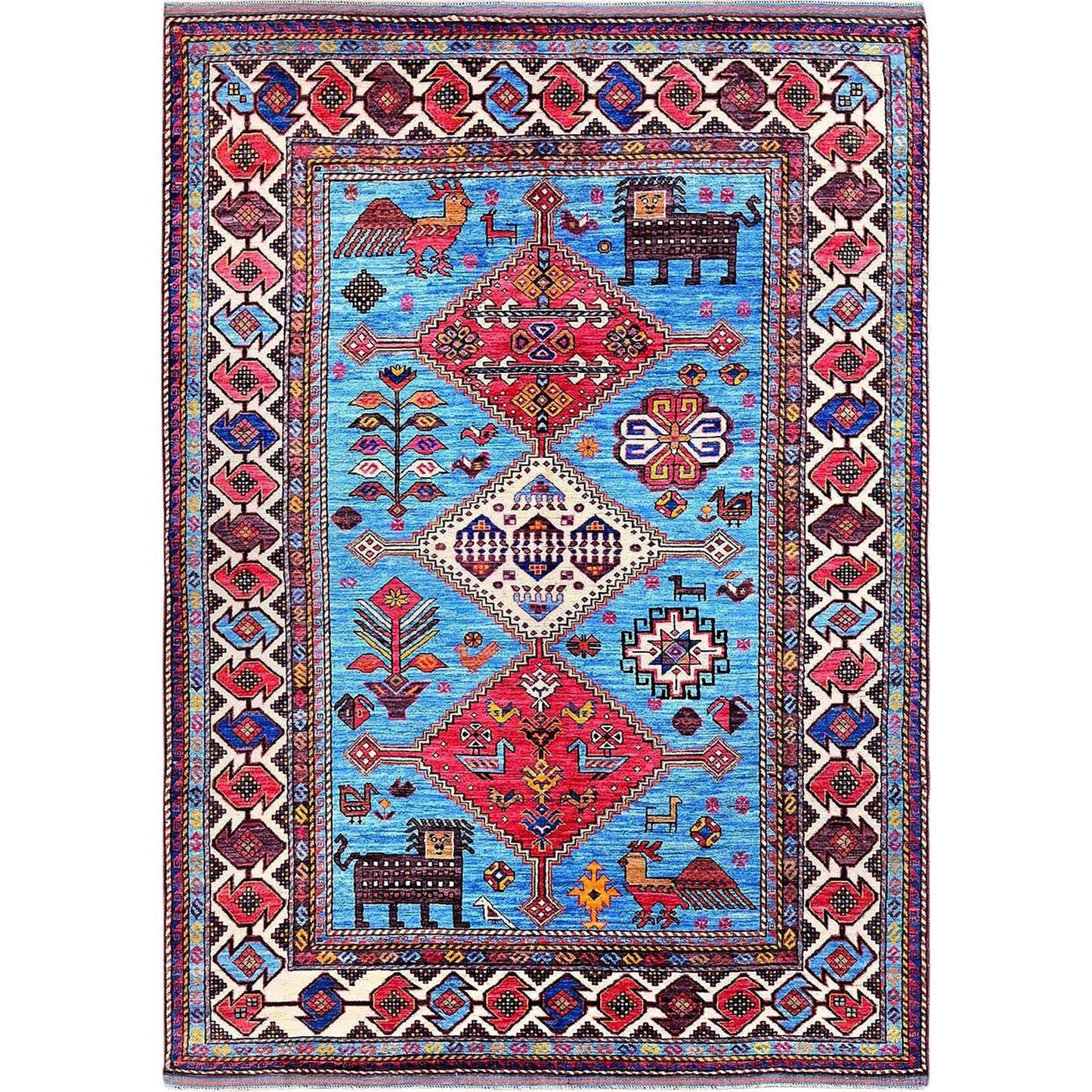 6'X8'1" Blue Afghan Caucasian Design Revival Hand Knotted Soft Wool Rug