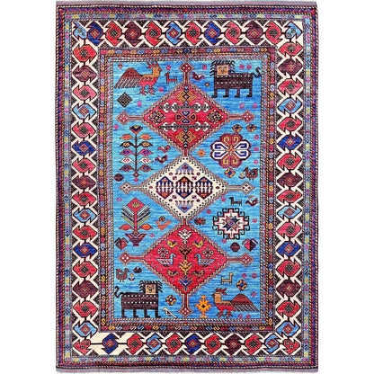 6'X8'1" Blue Afghan Caucasian Design Revival Hand Knotted Soft Wool Rug