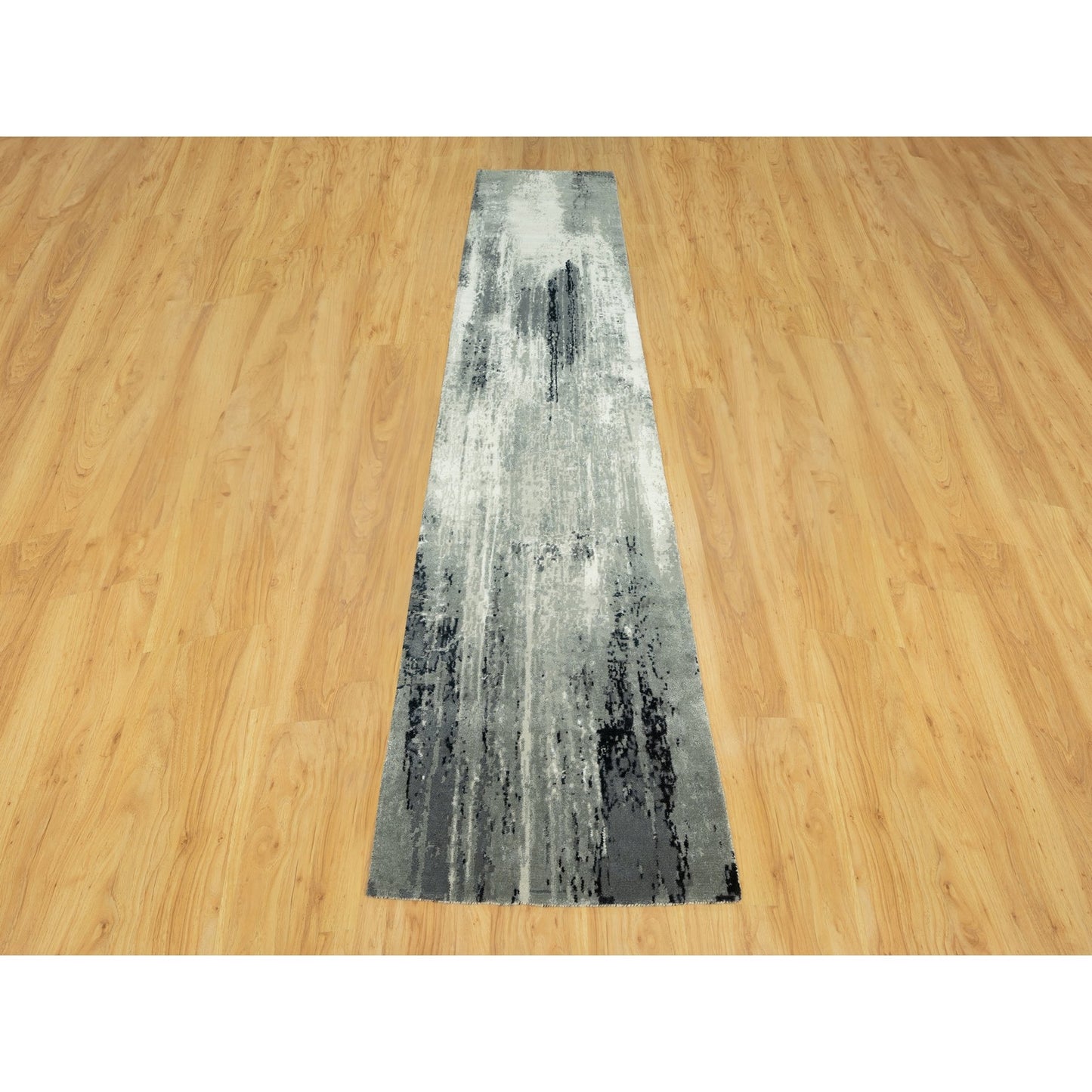2'6"x12' Black Hand Knotted Abstract Wool and Silk Runner Rug