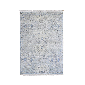 4'X6' Blue Pure Silk With Textured Wool Distressed Oushak Handknotted Rug