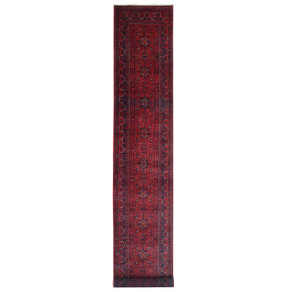 2'10"X19'3" Red Geometric Afghan Khamyab Wool Hand Knotted Runner Rug