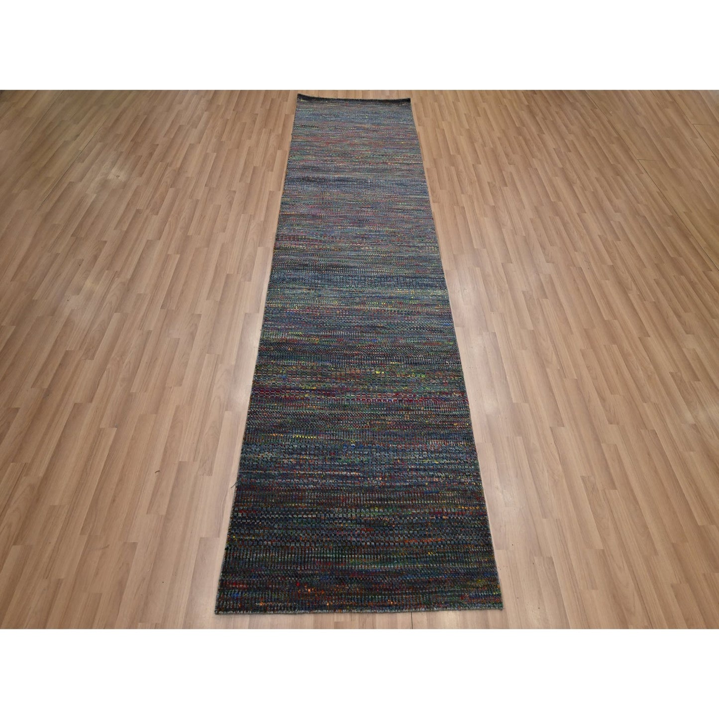 3'X10'1" Blue Wool And Silk Modern Grass Design Hand Knotted Runner Rug