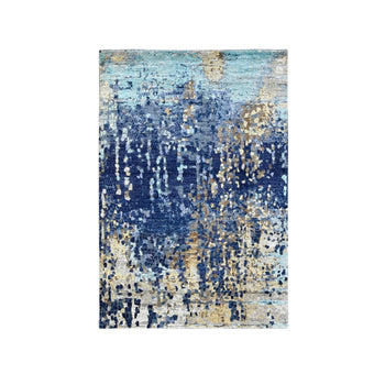 4'X6' Blue Modern Mosaic Design Wool And Silk Hand Knotted Rug