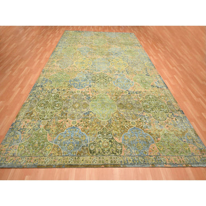 10'X14'3" Moss Green Repetitive Emblem Design Pure Wool Hand Knotted Rug