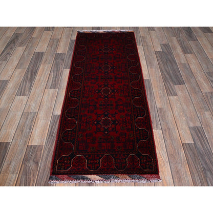 1'10"X5' Red Afghan Khamyab Geometric Pattern Hand Knotted Wool Runner Rug