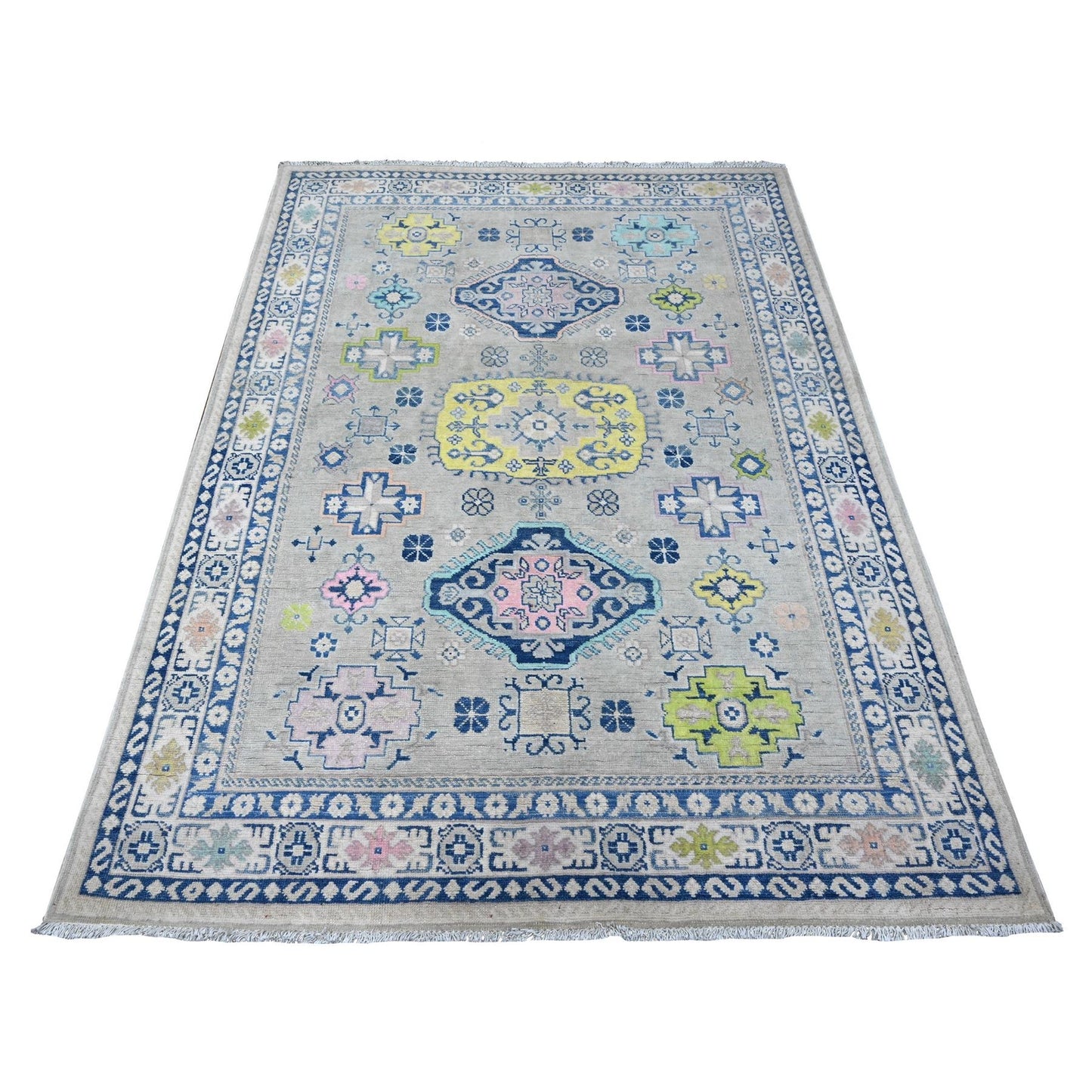 4'9"X6'9" Gray Fusion Kazak With Colorful Caucasian Design Oriental Rug