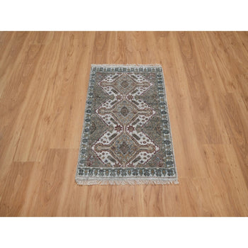 2'X3' Ivory Pure Wool Mat Rug Unique Flower Rosettes Design Hand Knotted