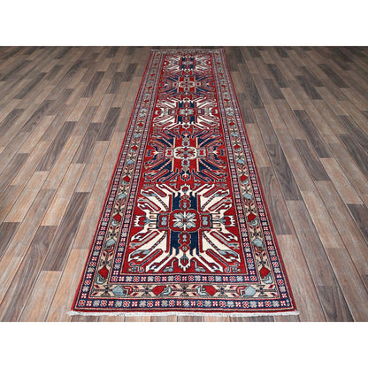 2'9"X9'10" Red Kazak With Tribal Design Soft Wool Hand Knotted Runner Rug