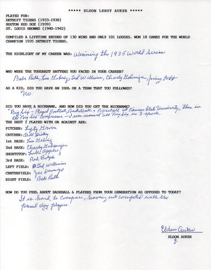 Elden Auker Autographed Hand Filled Out Survey