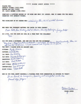 Elden Auker Autographed Hand Filled Out Survey